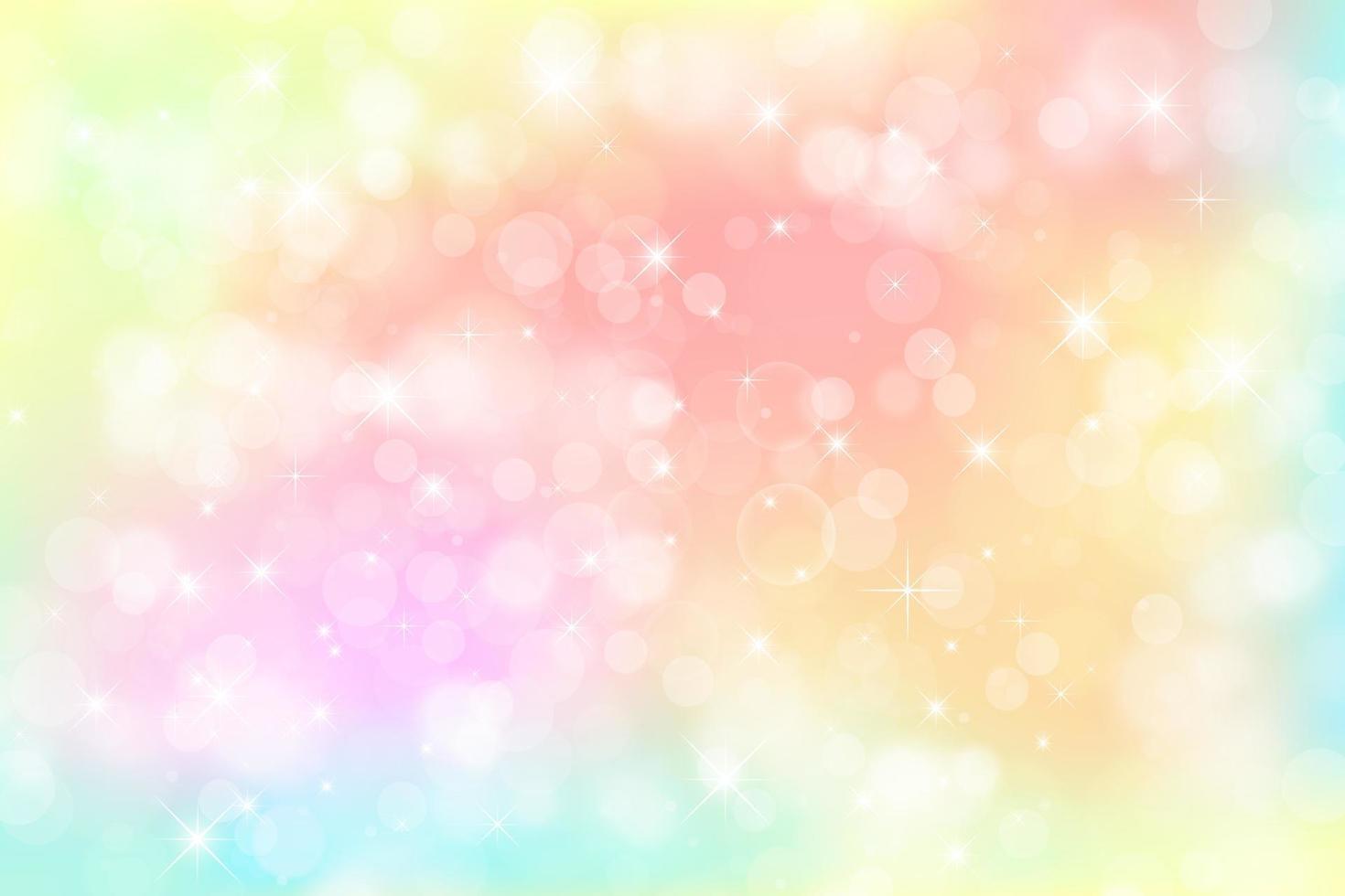 Rainbow fantasy background. Holographic illustration in pastel colors. Bright multicolored sky with stars. Vector illustration