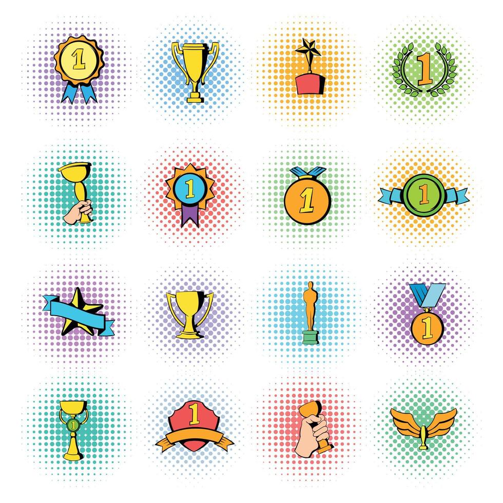 Award icons set, comics style vector