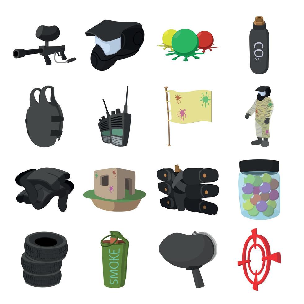 conjunto de iconos de dibujos animados de juego de paintball vector