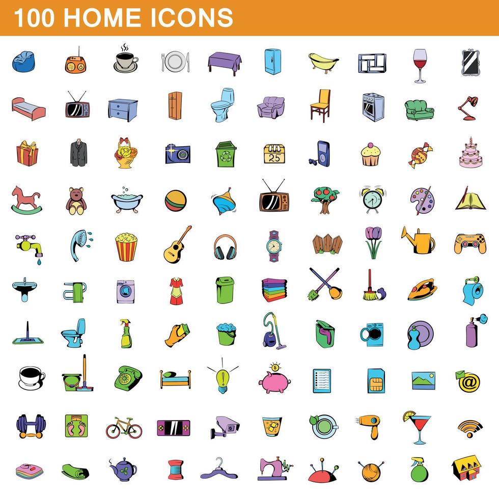 100 iconos de inicio, estilo de dibujos animados vector