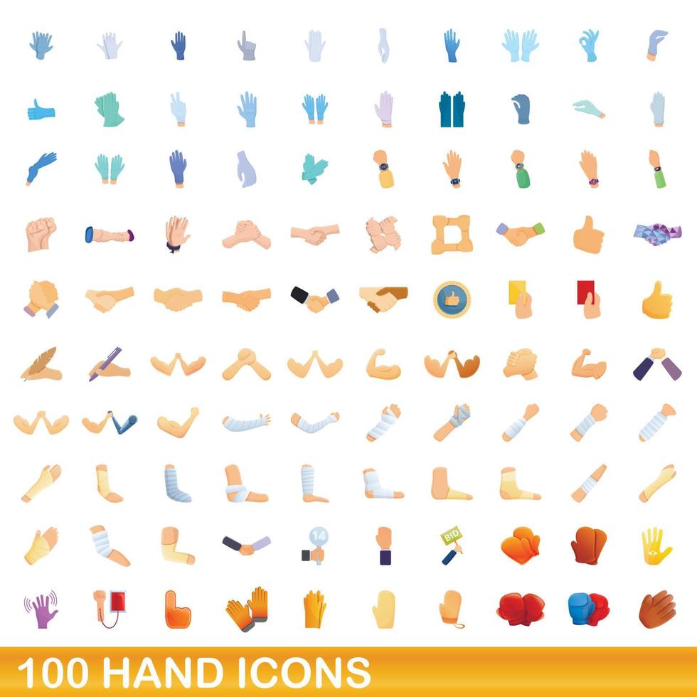 100 hand icons set, cartoon style vector
