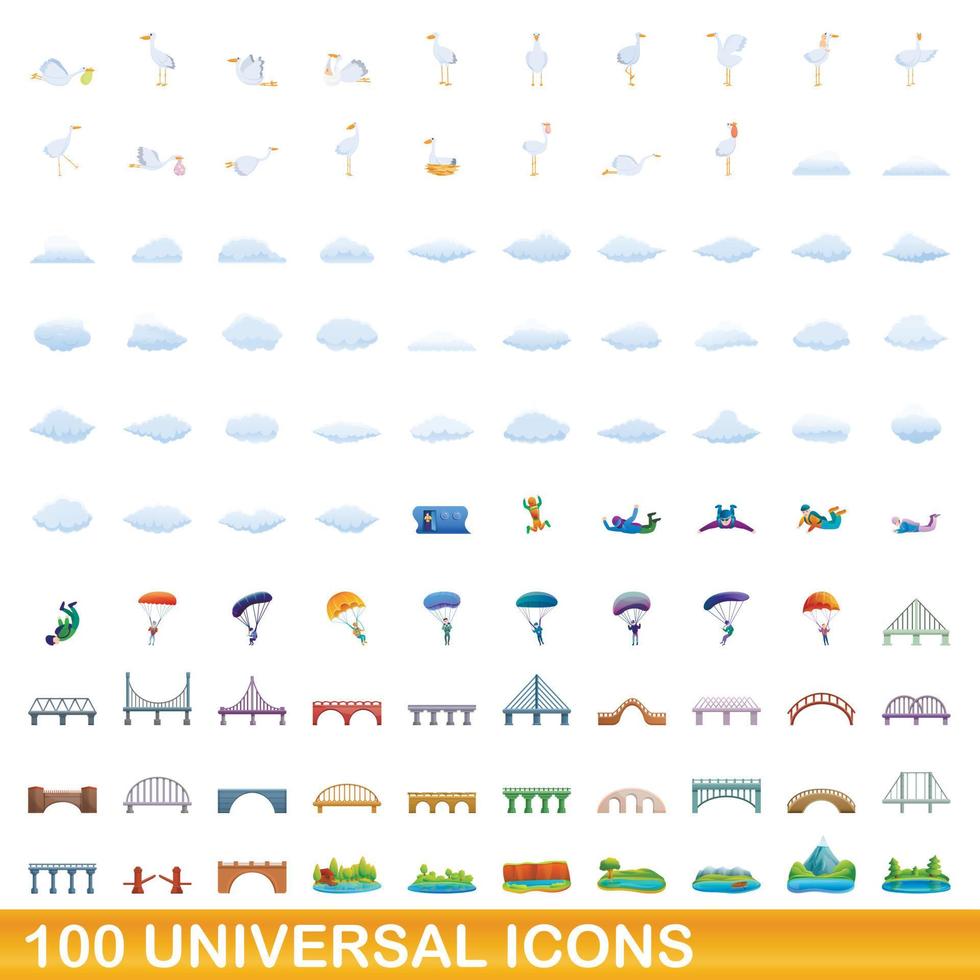 100 universal icons set, cartoon style vector