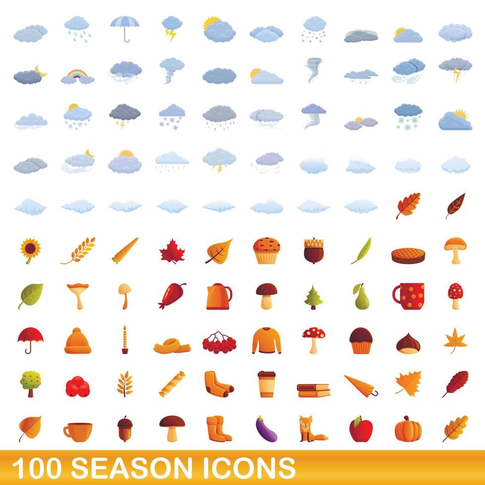 100 iconos de temporada, estilo de dibujos animados vector