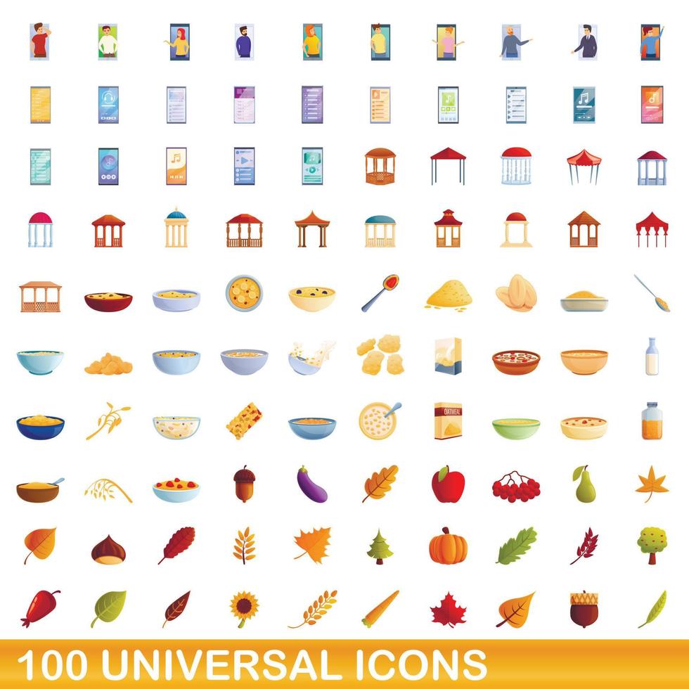 100 iconos universales, estilo de dibujos animados vector