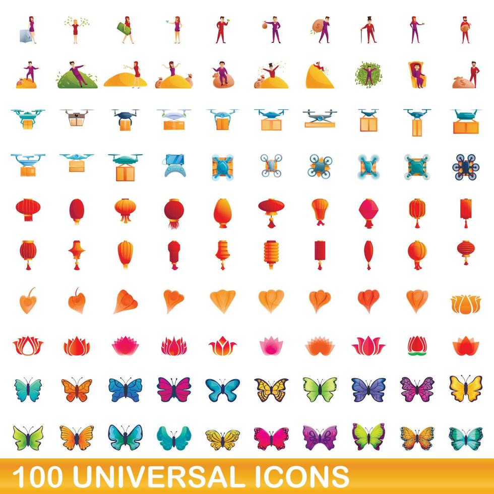 100 universal icons set, cartoon style vector