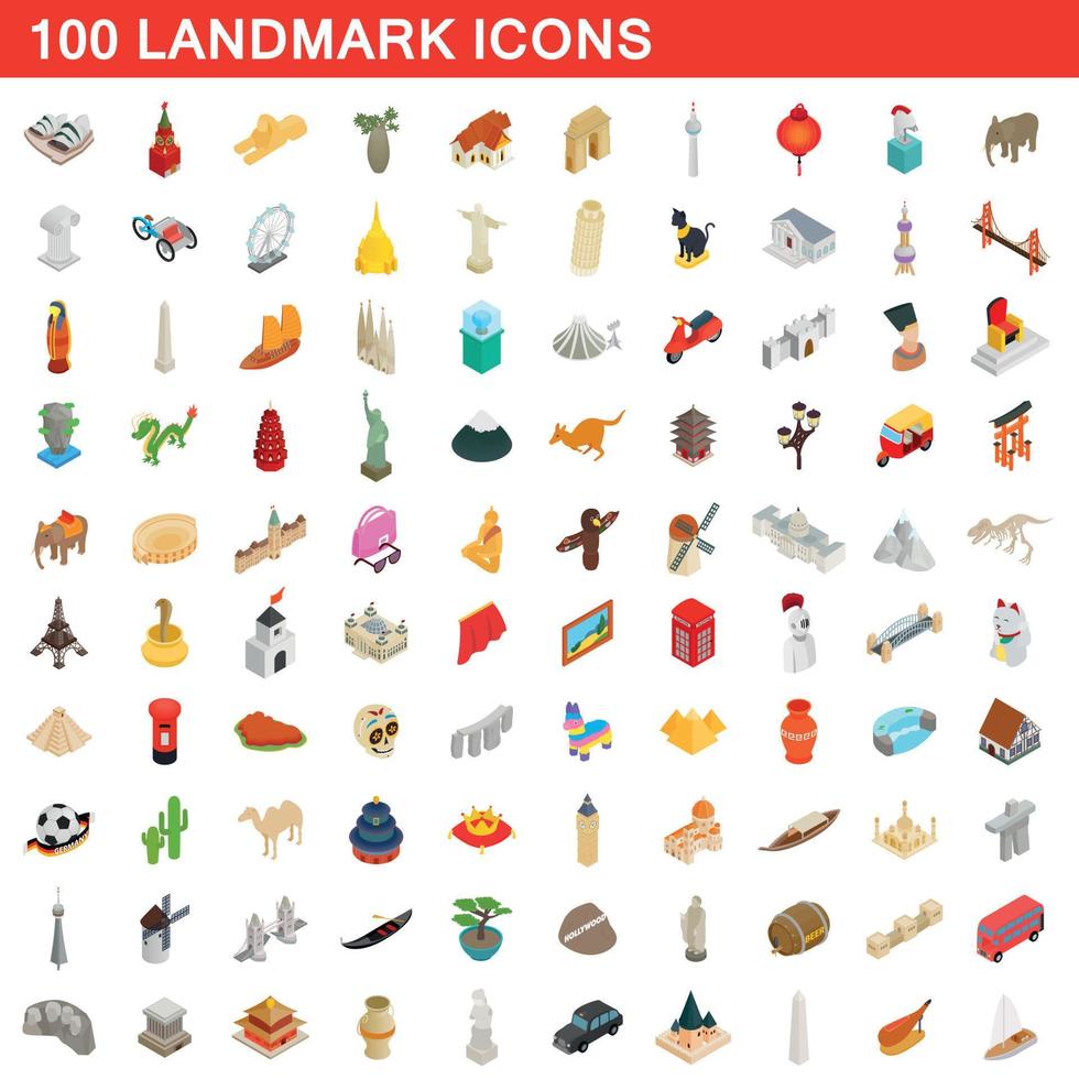 100 landmark icons set, isometric 3d style vector