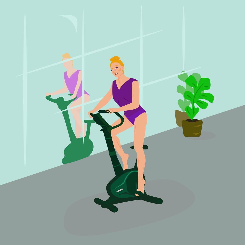 mujer deportiva haciendo ejercicio en bicicleta estacionaria. vector