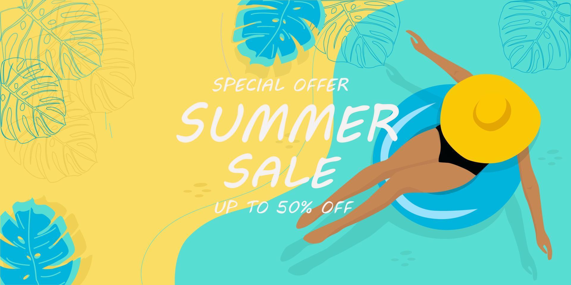 Summer sale banner with a woman in a big hat relaxing on the beach. vector