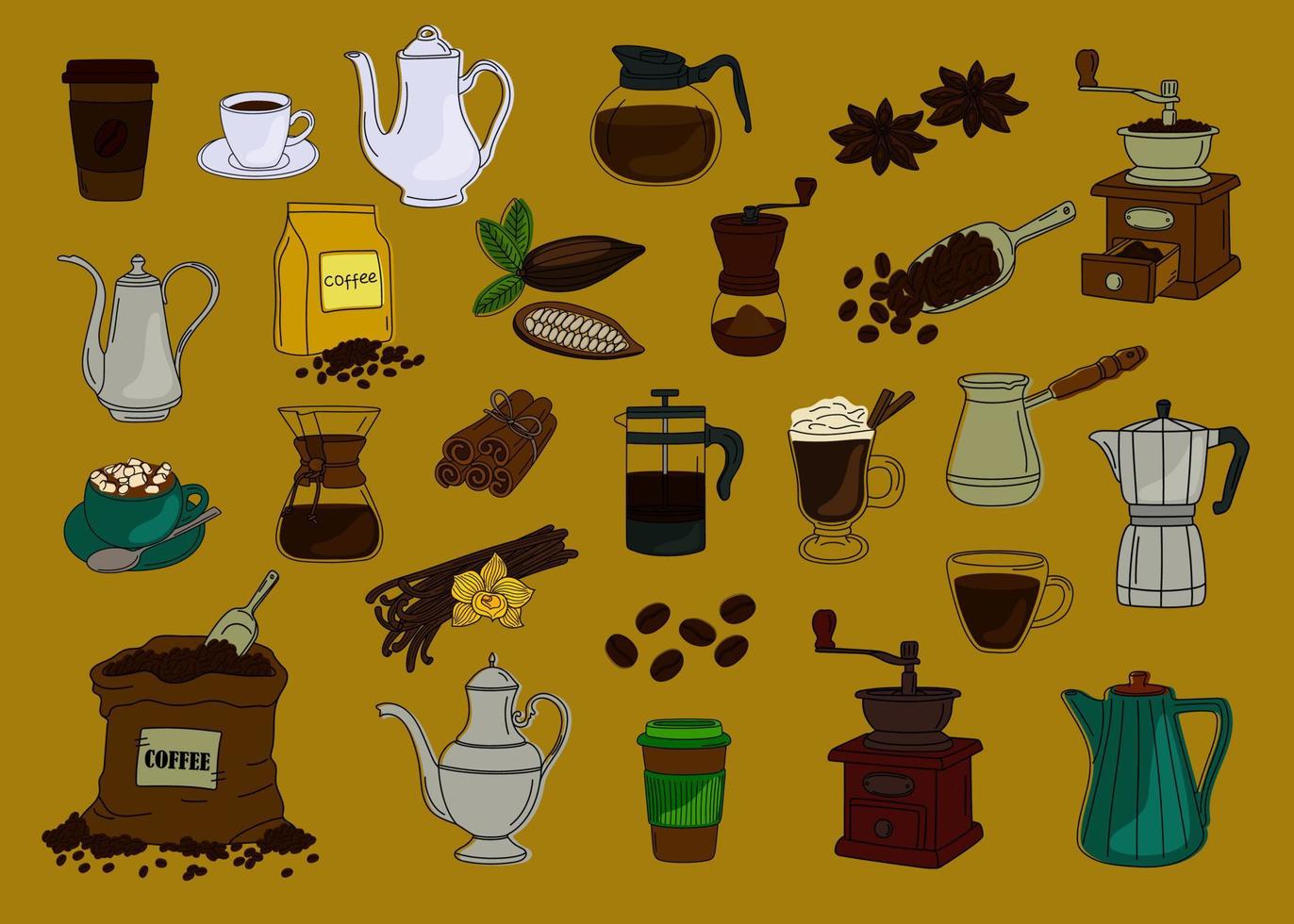 colección de equipos dibujados a mano para hacer café. vector