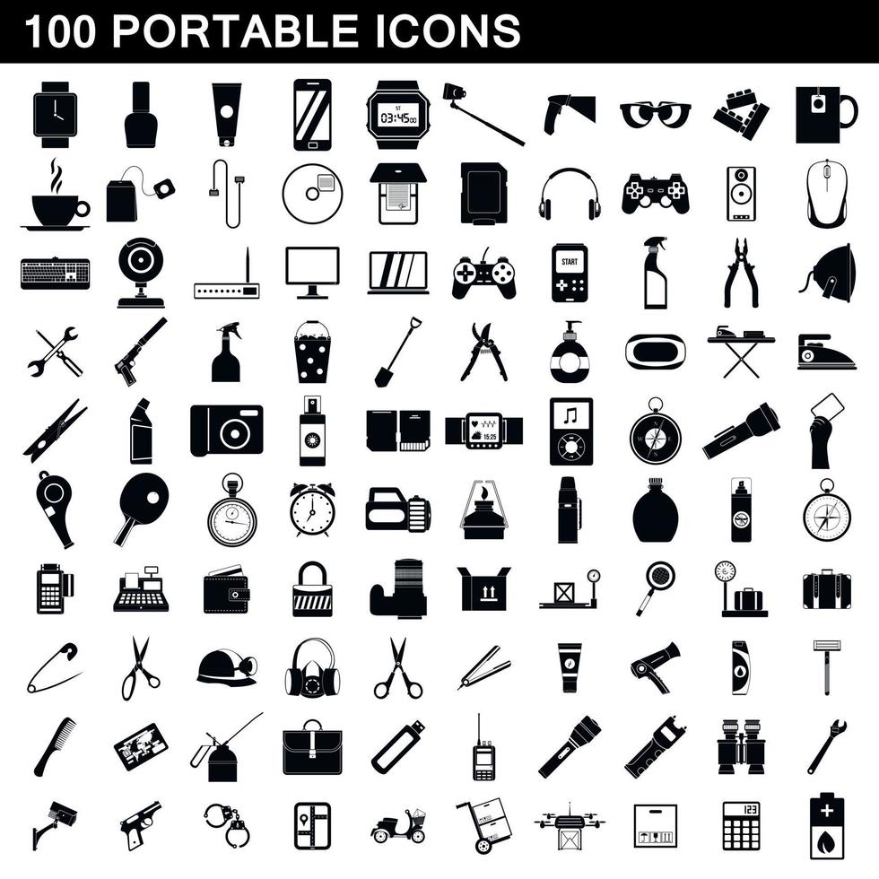 100 portable icons set, simple style vector