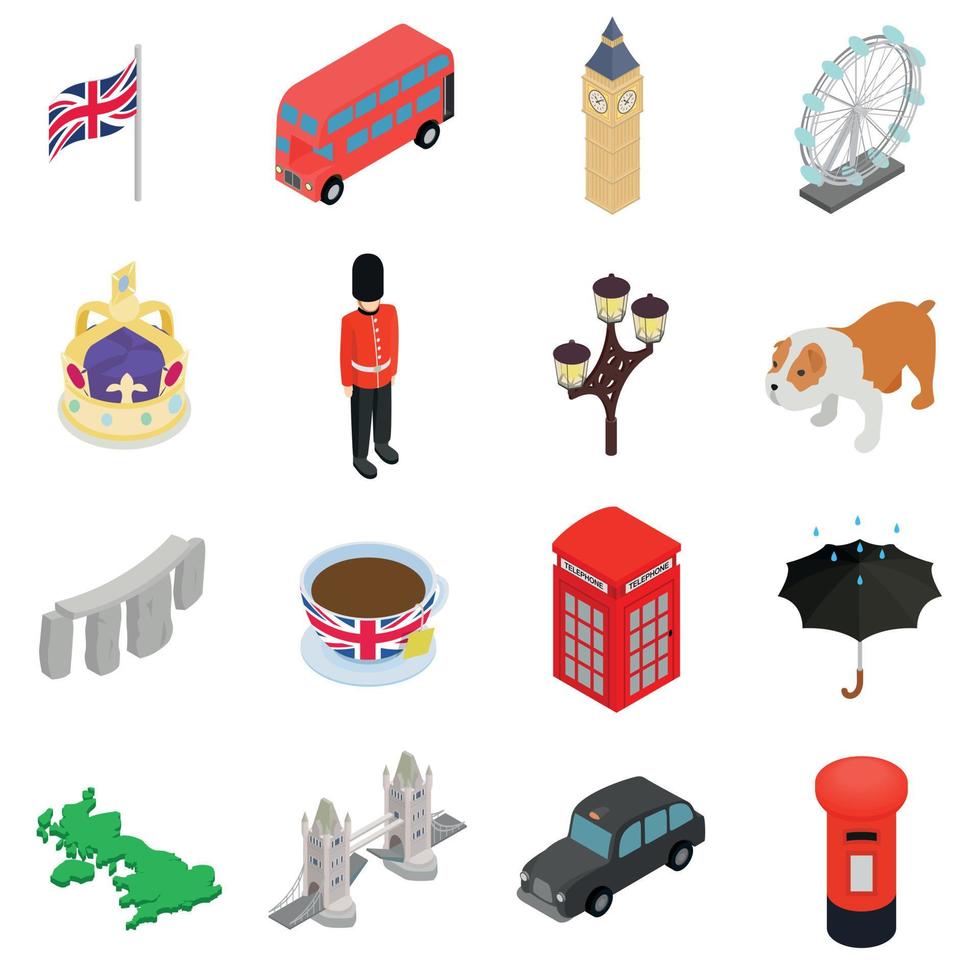 England icons set, isometric 3d style vector