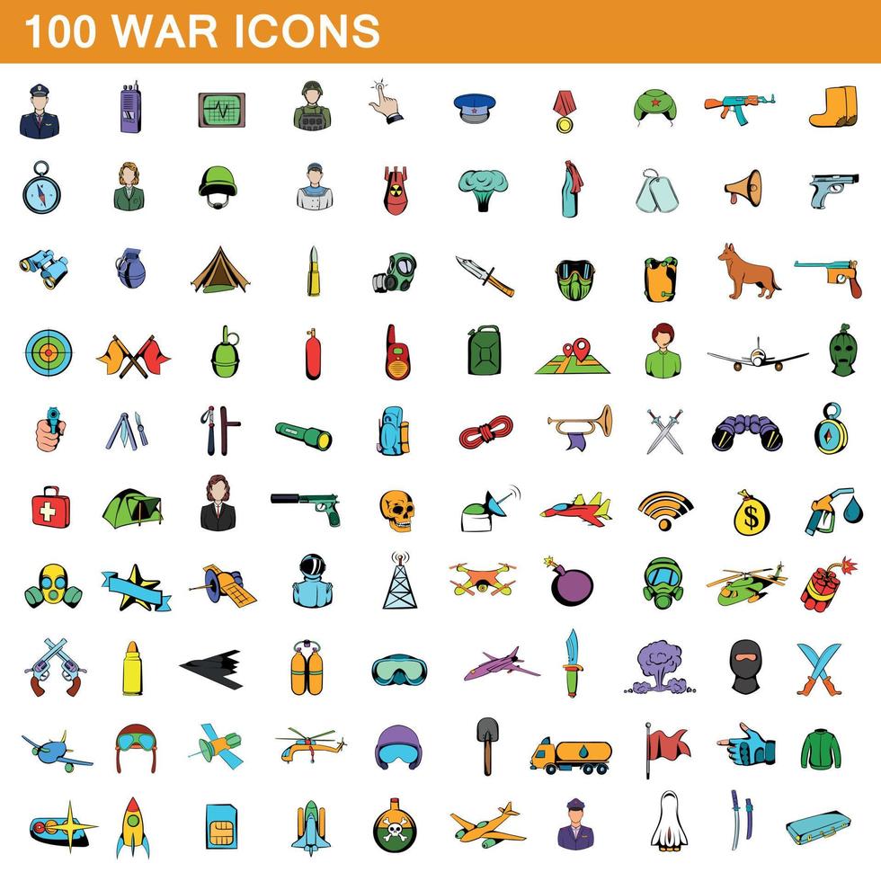 100 iconos de guerra, estilo de dibujos animados vector