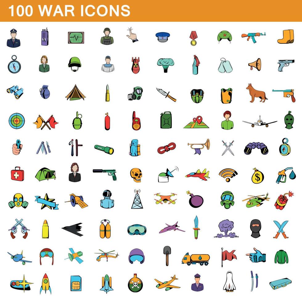 100 war icons set, cartoon style vector