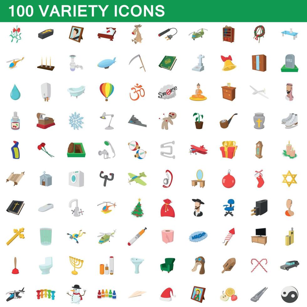 100 conjunto de iconos de variedad, estilo de dibujos animados vector