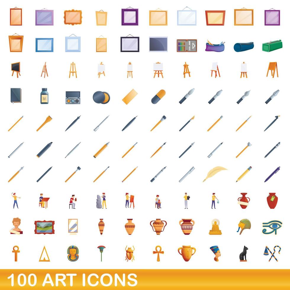 100 art icons set, cartoon style vector
