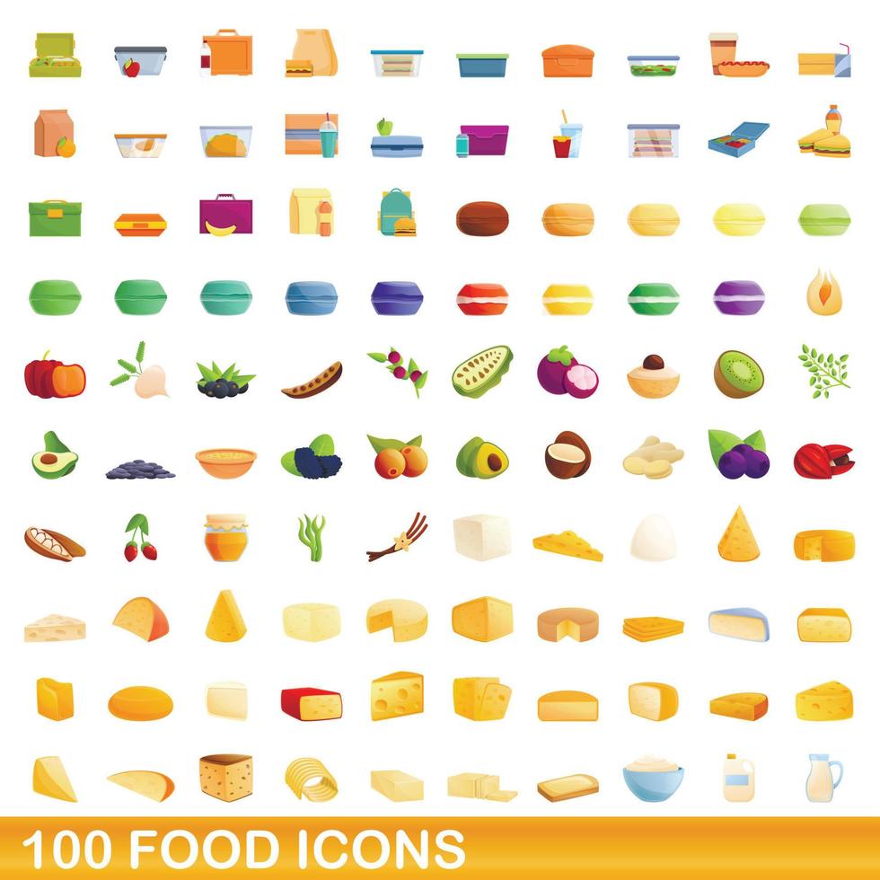 100 food icons set, cartoon style vector
