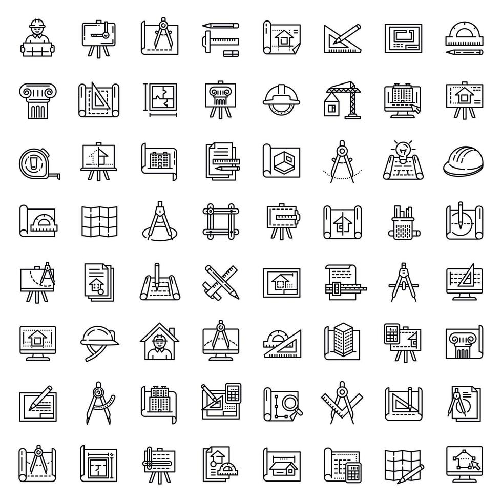 Architect equipment icons set, outline style vector