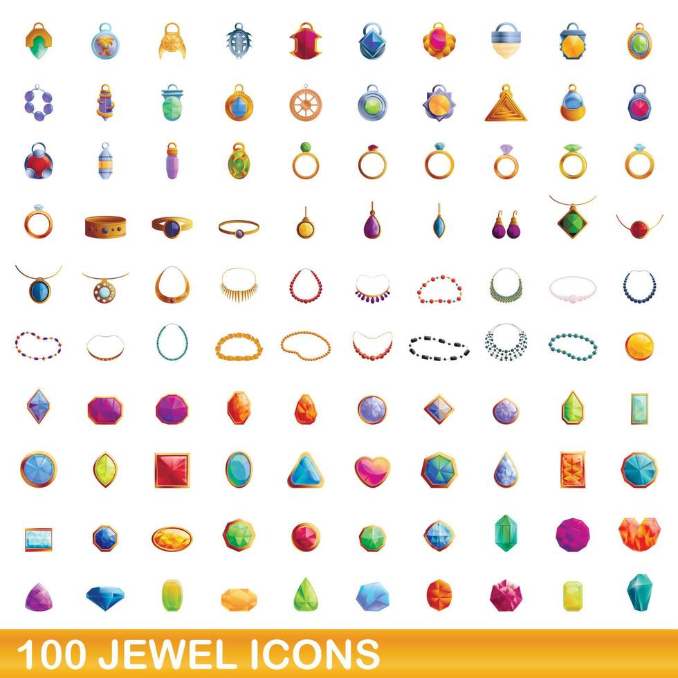 100 joyas, conjunto de iconos de estilo de dibujos animados vector