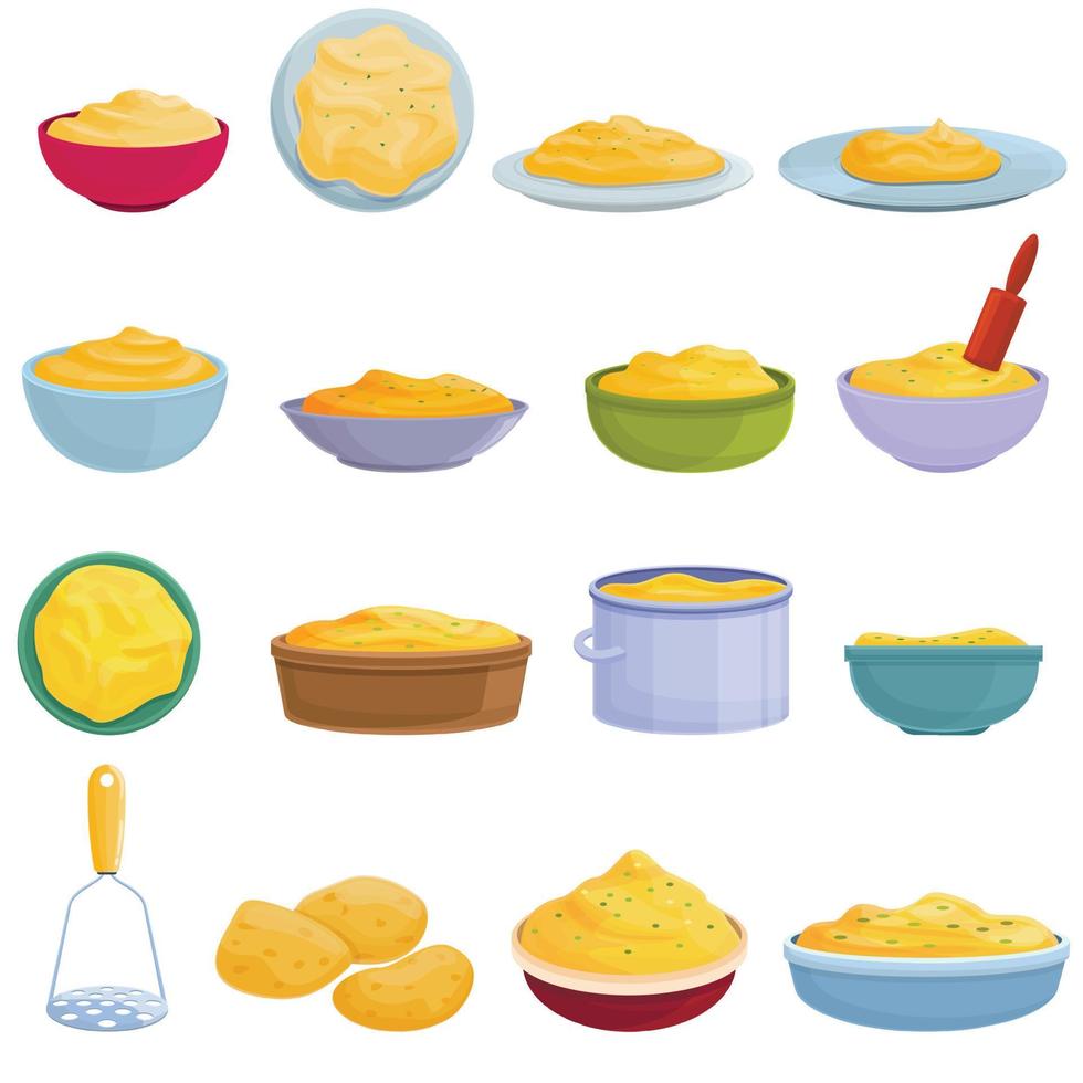 Mashed potatoes icons set, cartoon style vector