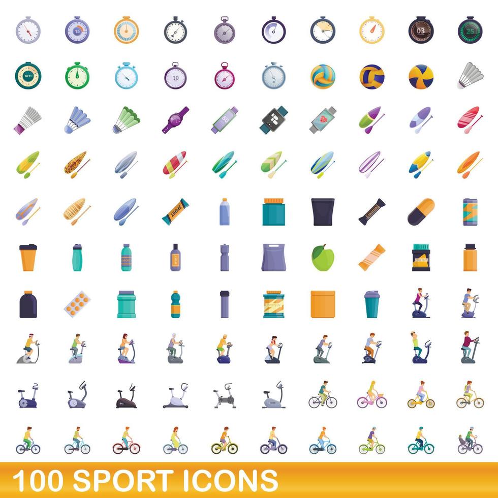 100 iconos deportivos, estilo de dibujos animados vector