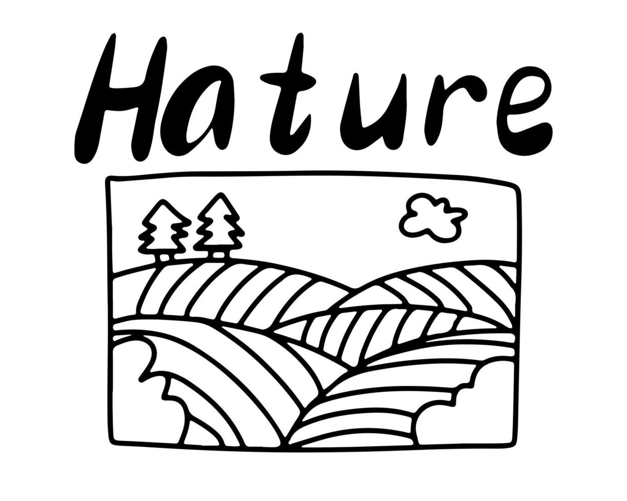 A cute simple landscape is drawn with a contour by hand. A simple illustration vector