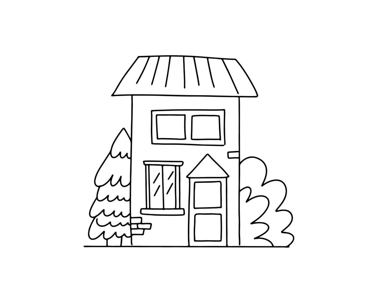 The house is drawn with a black outline. Country house, icon. A house in a simple style vector