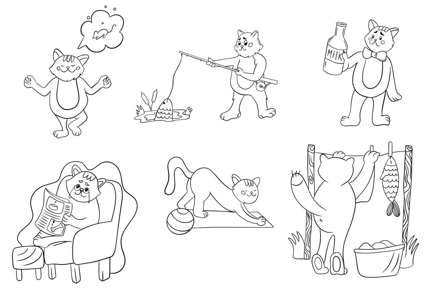 un conjunto de gatos para colorear. el gato está pescando, leyendo, practicando deportes. lindo gato en el trabajo. ilustraciones vectoriales con un contorno negro vector