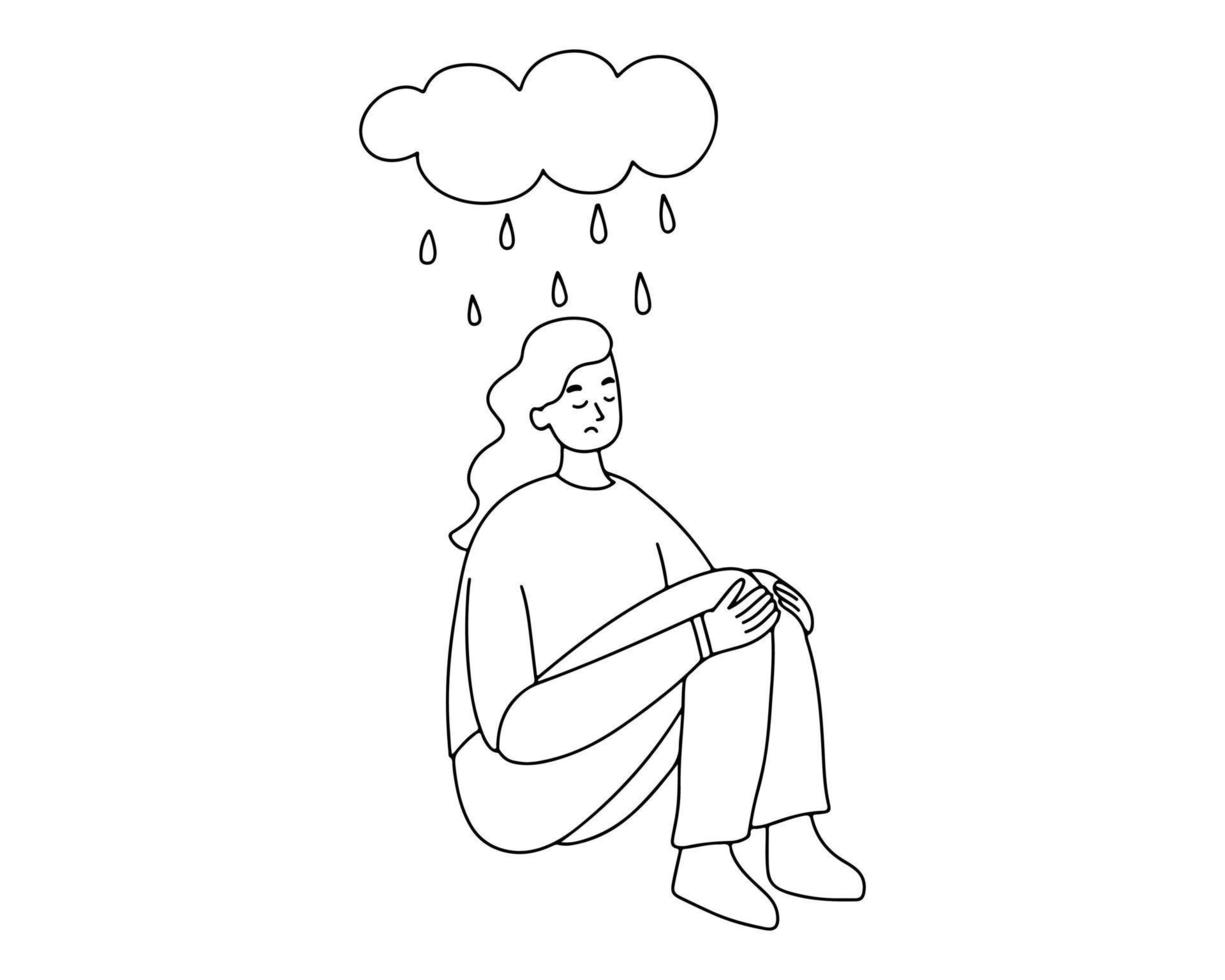 una chica triste está sentada bajo una nube. depresión, apatía, estado de ánimo  triste. dibujar con una linea 8855703 Vector en Vecteezy
