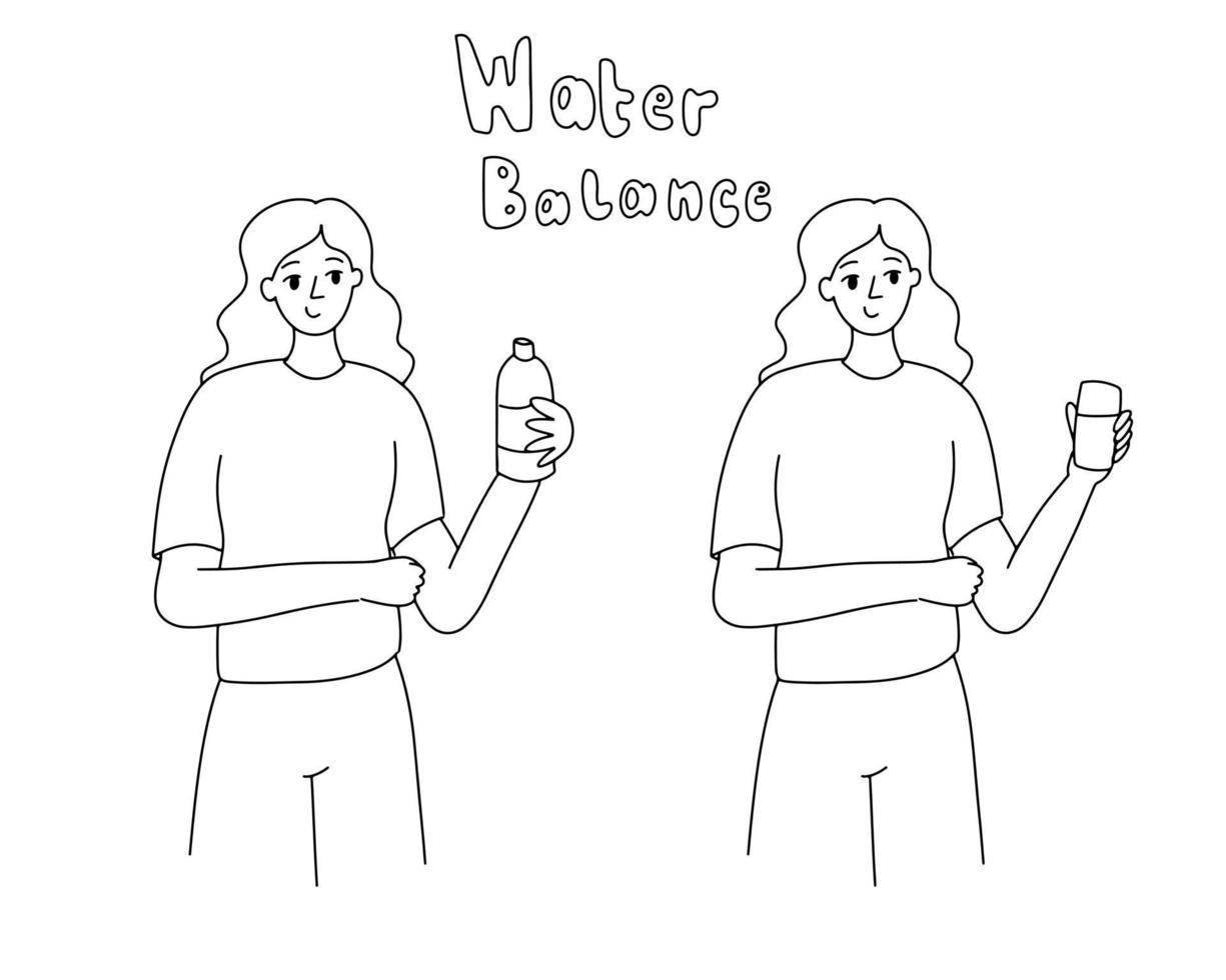 Compliance with water balance. A girl with a bottle of water in her hand vector