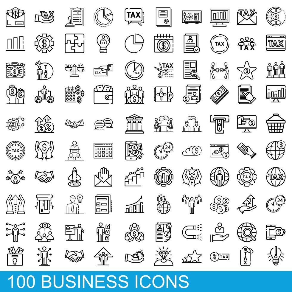 100 business icons set, outline style vector