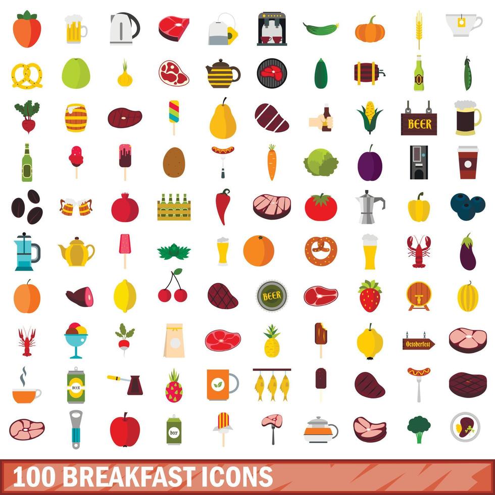 100 breakfast icons set, flat style vector