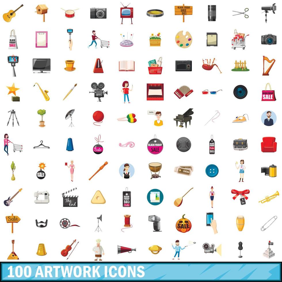 100 iconos de obras de arte, estilo de dibujos animados vector