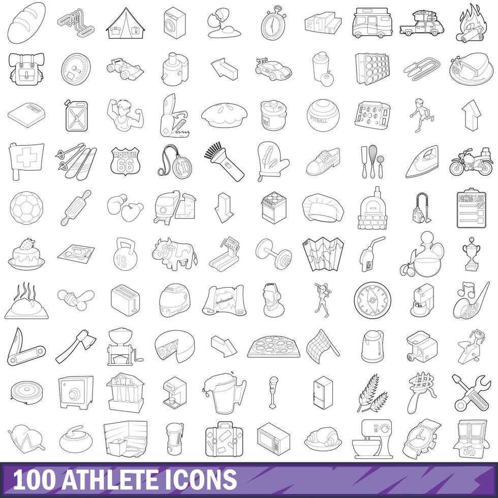 100 athlete icons set, outline style vector