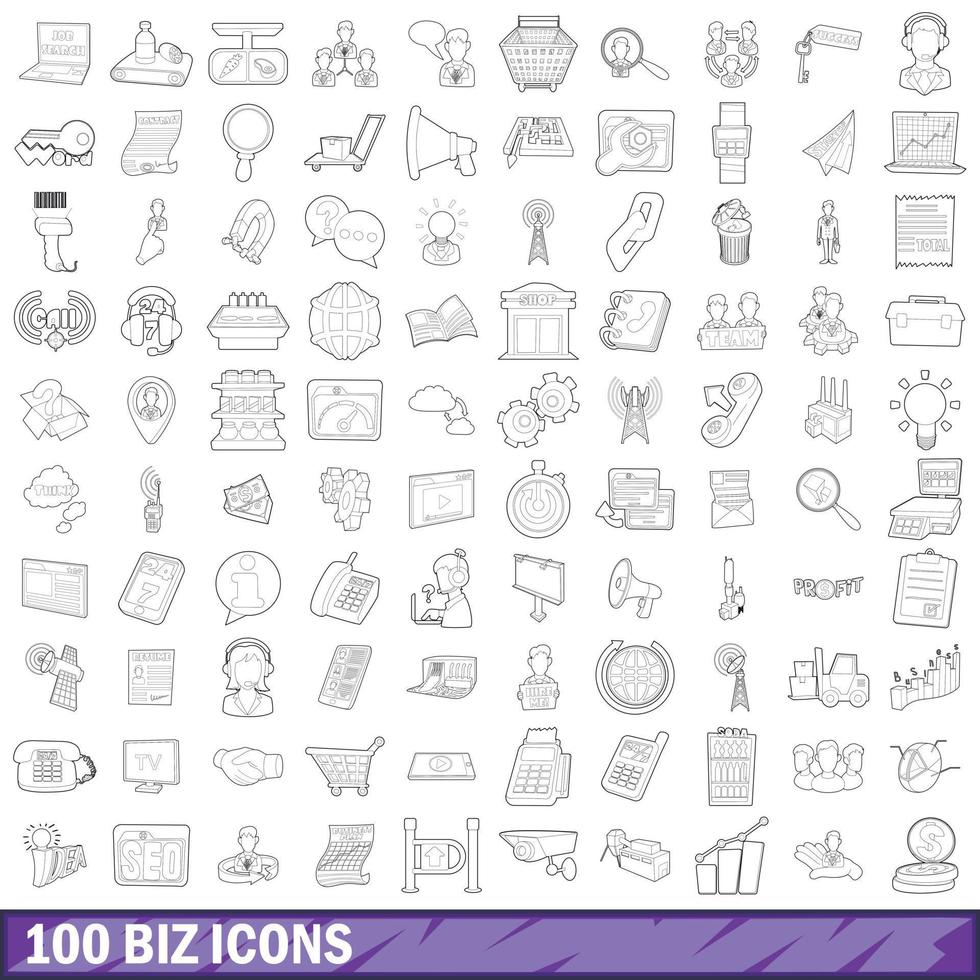 100 biz icons set, outline style vector