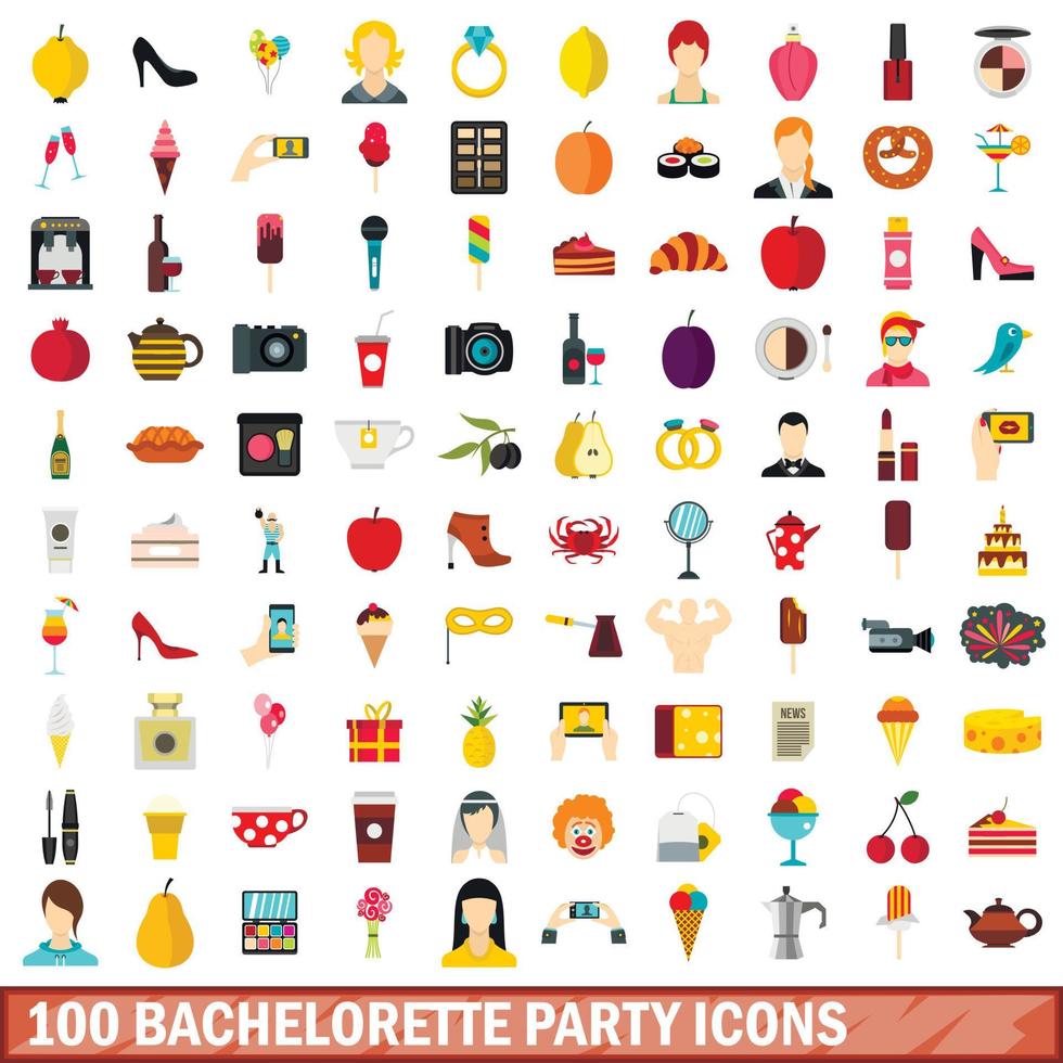 100 bachelorette party icons set, flat style vector