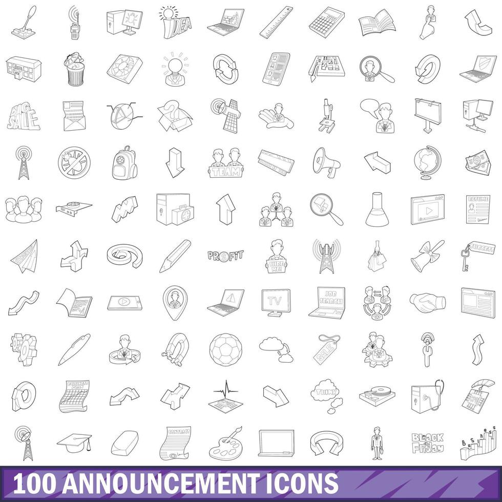100 announcement icons set, outline style vector