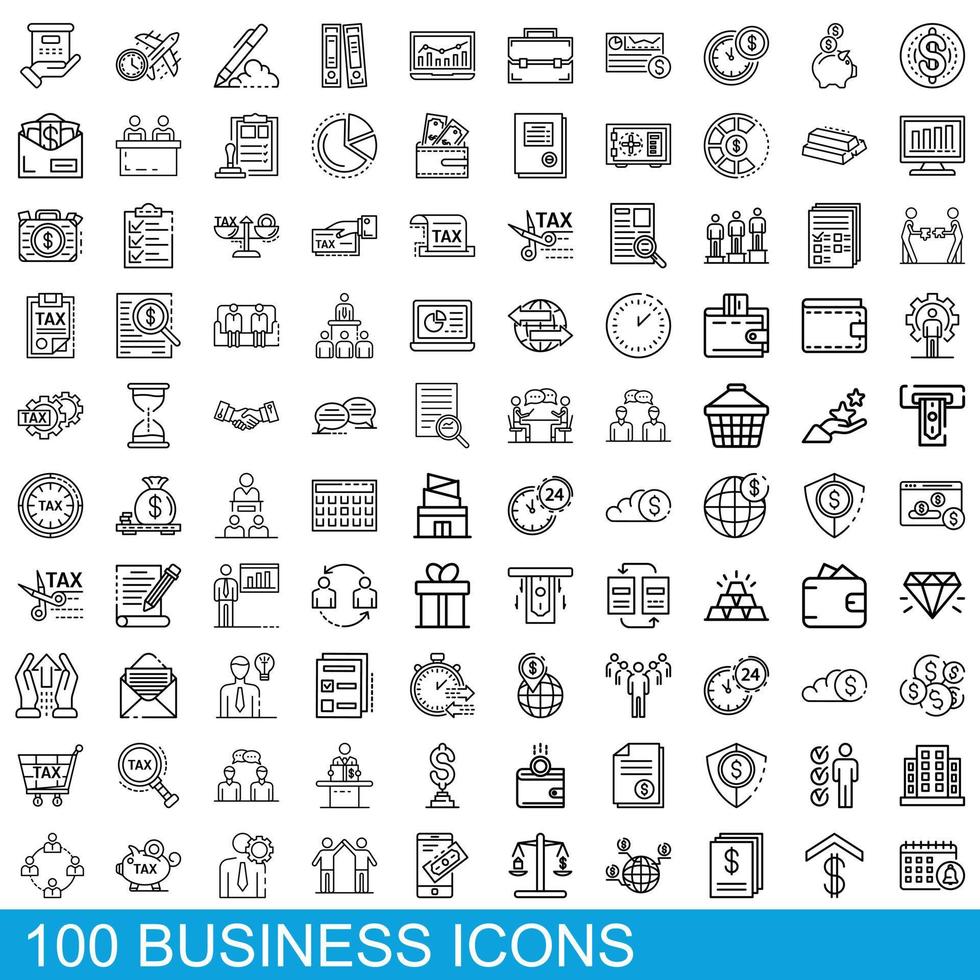 100 business icons set, outline style vector