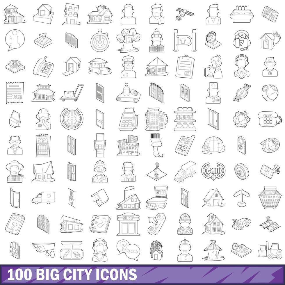 100 big city icons set, outline style vector