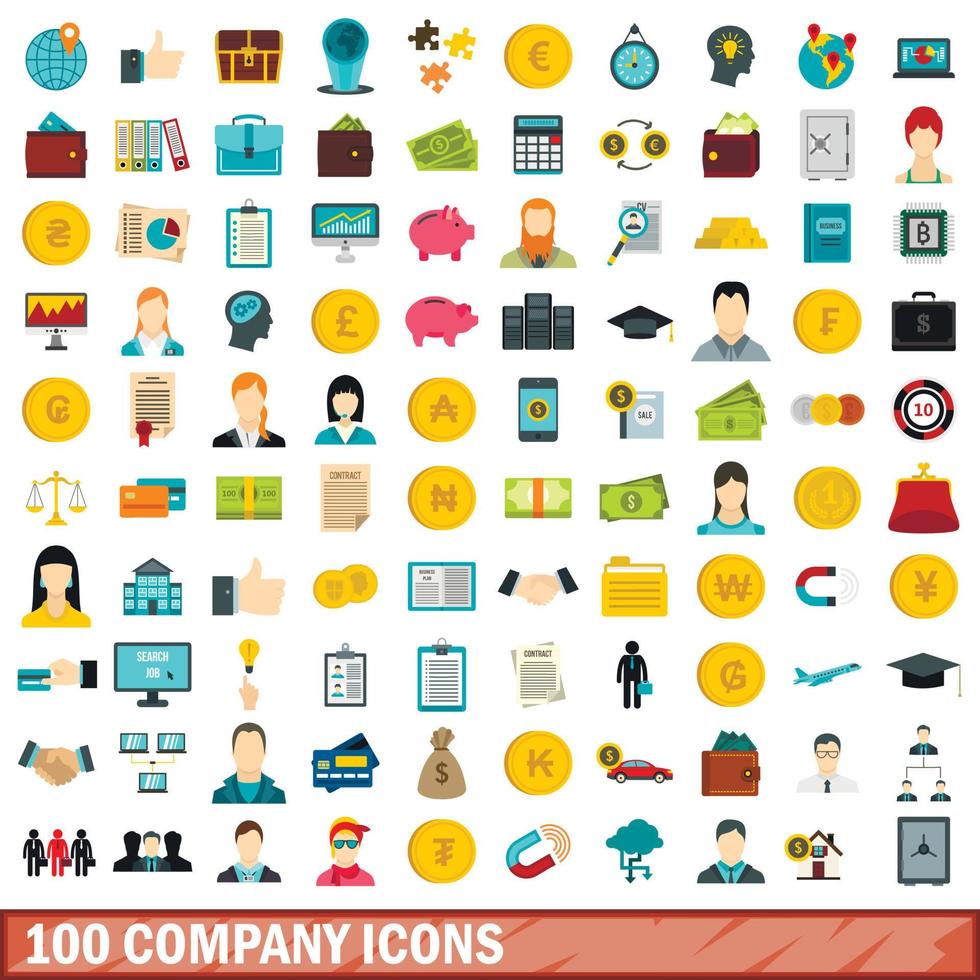 100 company icons set, flat style vector