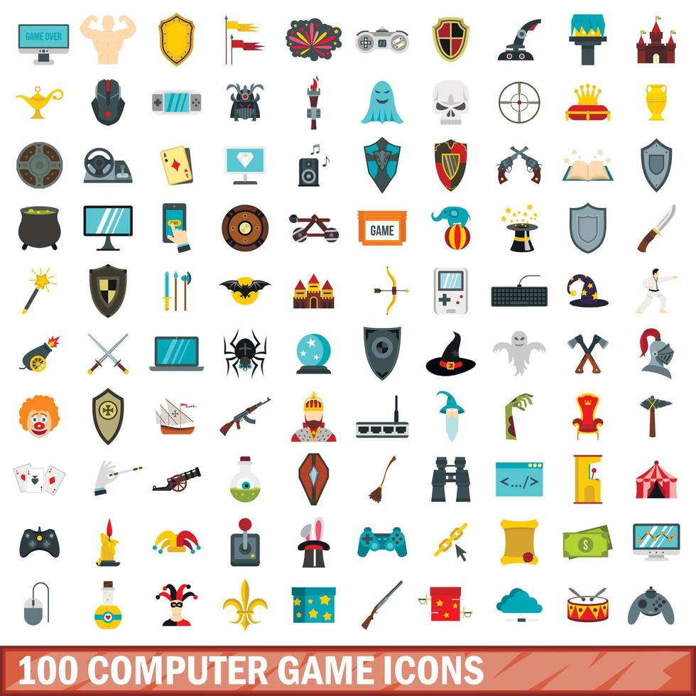 100 computer game icons set, flat style vector