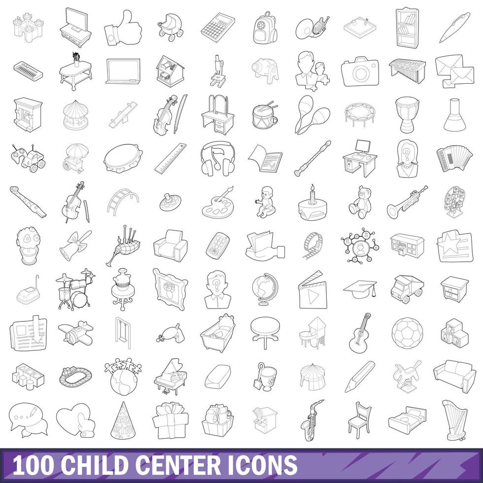 100 child center icons set, outline style vector