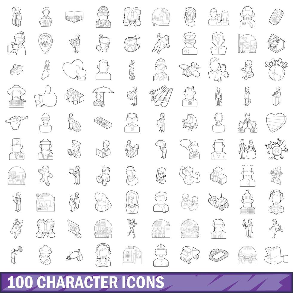 100 character icons set, outline style vector