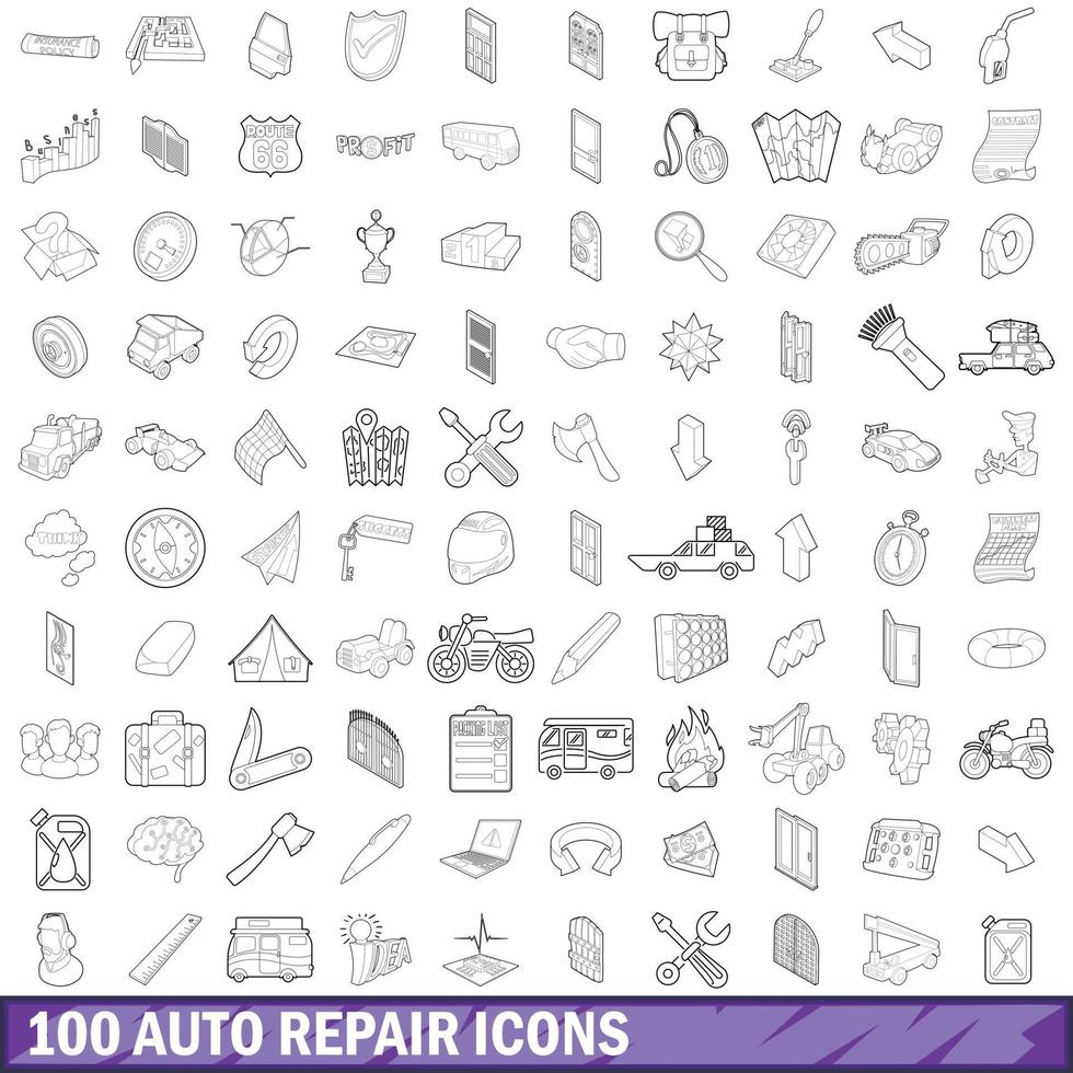 100 conjunto de iconos de reparación de automóviles, estilo de esquema vector