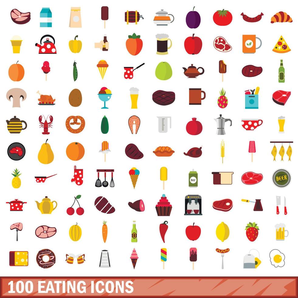 100 eating icons set, flat style vector