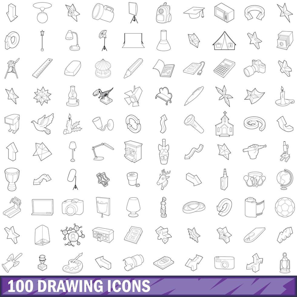 100 drawing icons set, outline style vector