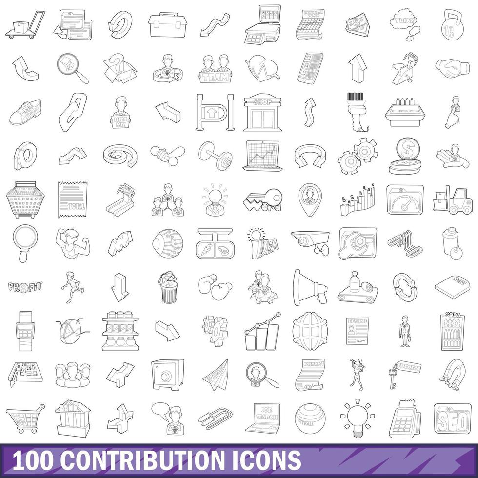 100 conjunto de iconos de contribución, estilo de esquema vector