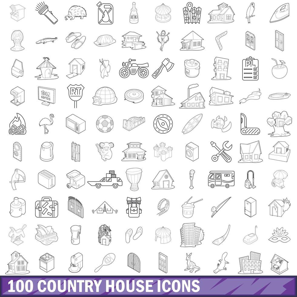 100 country house icons set, outline style vector
