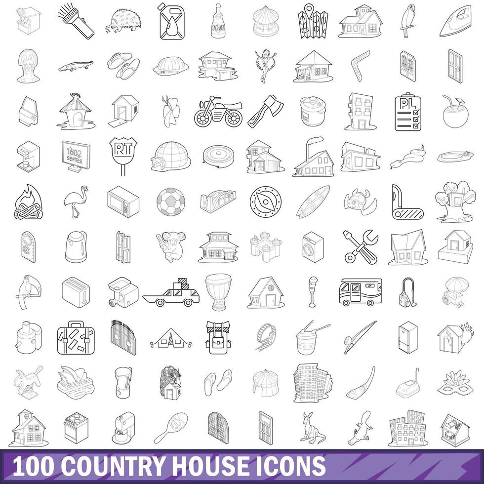 100 iconos de casa de campo, estilo de contorno vector