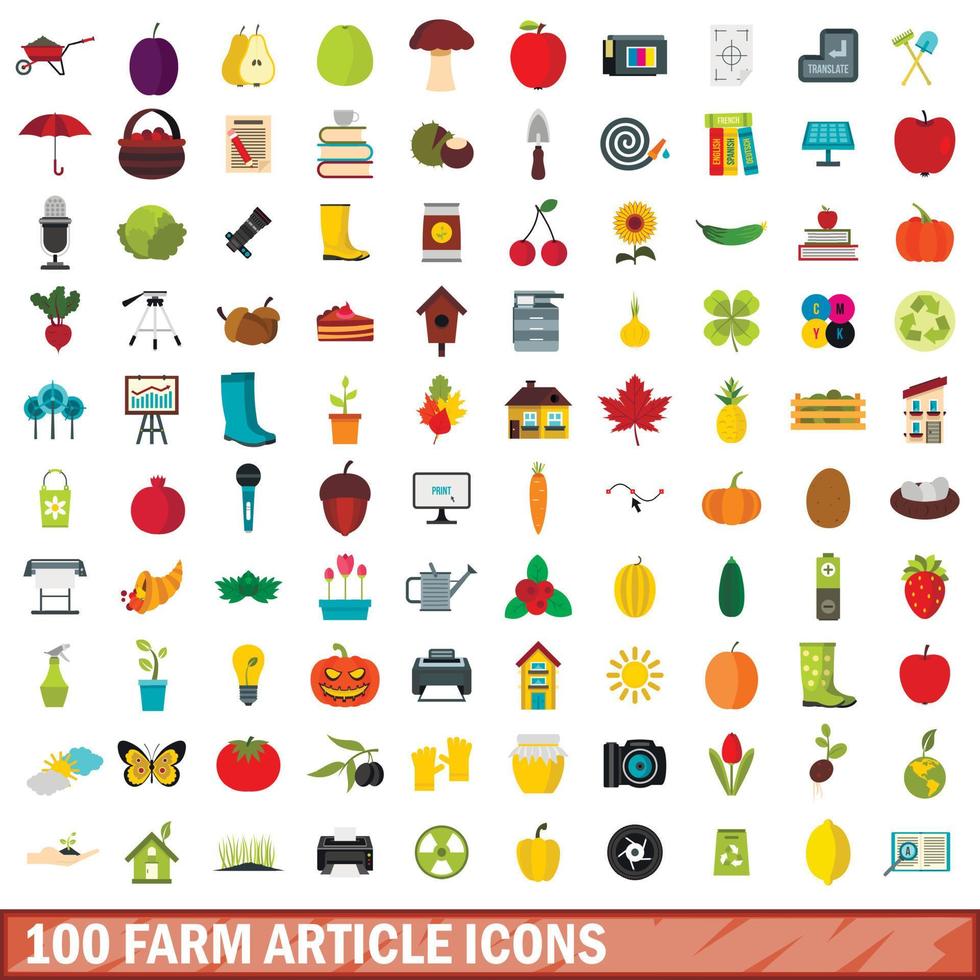 100 farm article icons set, flat style vector