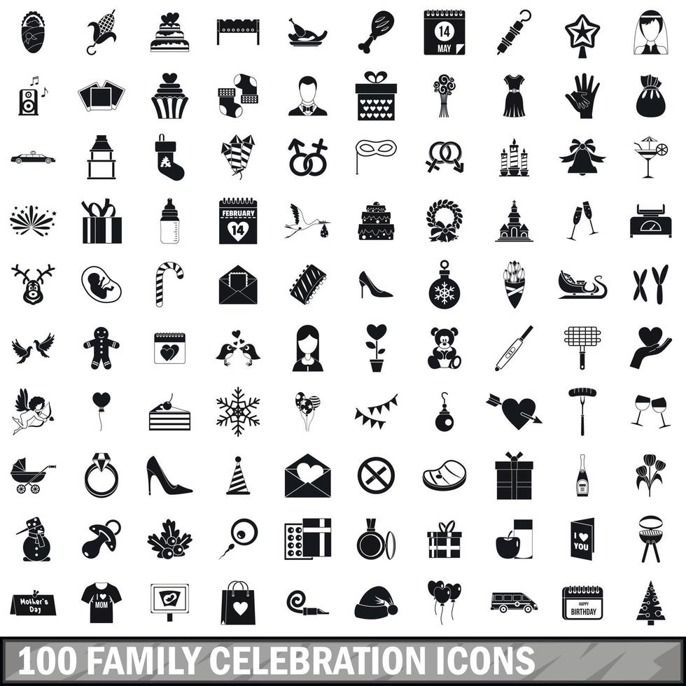 100 family celebration icons set, simple style vector